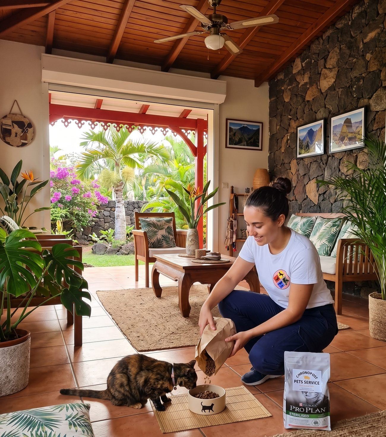 Pet-sitter donnant à manger à un chat au domicile du client