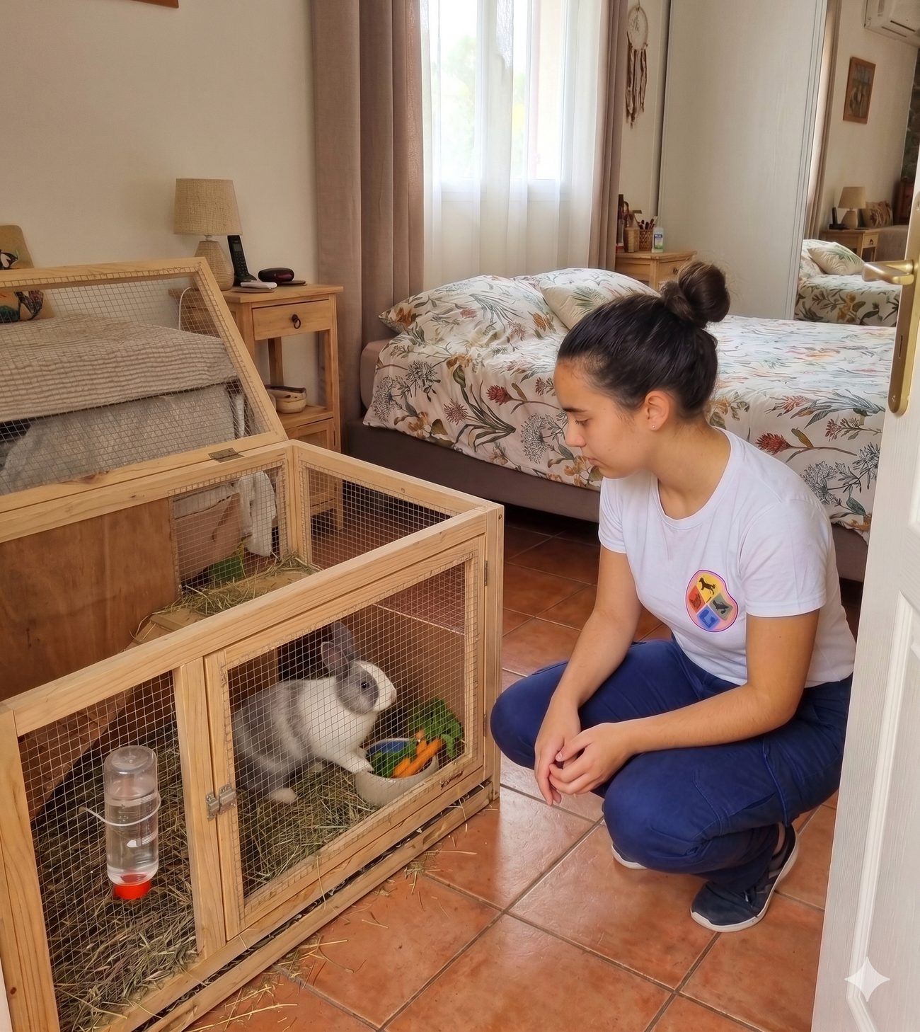 Pet-sitter s'occupant d'un lapin au domicile du client