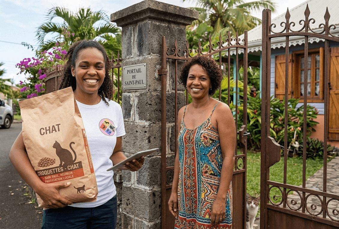 Pet-sitter livrant des croquettes à domicile à La Réunion
